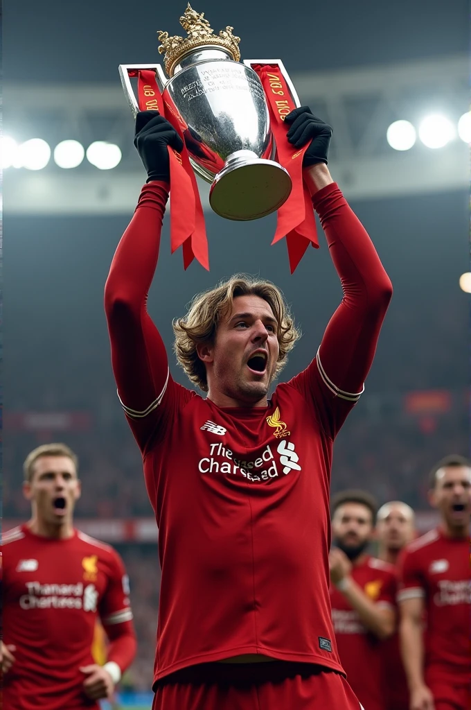 Liverpool player called Ramsay who wears number 70, long sleeves, black gloves and wavy hair lifting the premier league