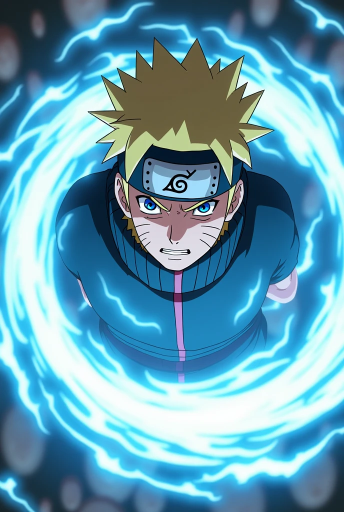 Design a high-energy close-up anime scene of Naruto Uzumaki in his iconic Sage of the Six Paths mode, unleashing a Rasengan. Focus on Naruto’s fierce, determined expression as he channels the massive, swirling Rasengan, which glows with vibrant blue and white energy. Capture the dynamic movement of the Rasengan with intense energy bursts and a luminous aura surrounding it. The background should feature a dramatic blur of swirling wind and energy to accentuate the power of the attack. Include a captivating caption like “Naruto’s Ultimate Rasengan: Power of the Sage Unleashed!” in bold, electrifying text at the bottom to emphasize the dramatic intensity of the moment.