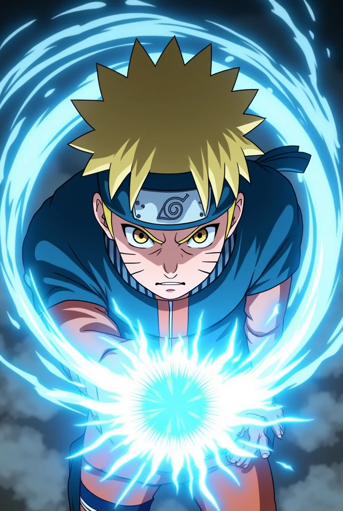 Design a high-energy close-up anime scene of Naruto Uzumaki in his iconic Sage of the Six Paths mode, unleashing a Rasengan. Focus on Naruto’s fierce, determined expression as he channels the massive, swirling Rasengan, which glows with vibrant blue and white energy. Capture the dynamic movement of the Rasengan with intense energy bursts and a luminous aura surrounding it. The background should feature a dramatic blur of swirling wind and energy to accentuate the power of the attack. Include a captivating caption like “Naruto’s Ultimate Rasengan: Power of the Sage Unleashed!” in bold, electrifying text at the bottom to emphasize the dramatic intensity of the moment.