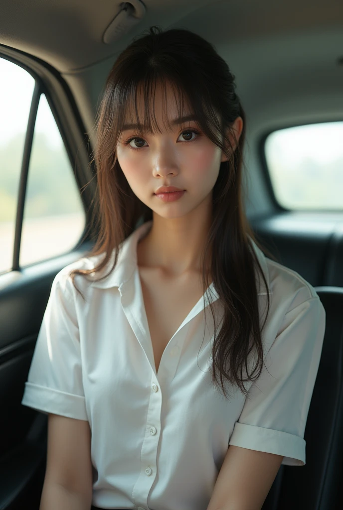 Thai cute girl age 18. 52 kilograms. White skin tone, The wet hair color is a beautiful shade of brown straight hair. Wearing thai student uniform , Wear a white school shirt with no buttons on the shirt. Not wearing a bra show nipples, Wear a very short black skirt, Show off white thighs and posting, sitting in the car, The light is bright enough. the most realistic picture.