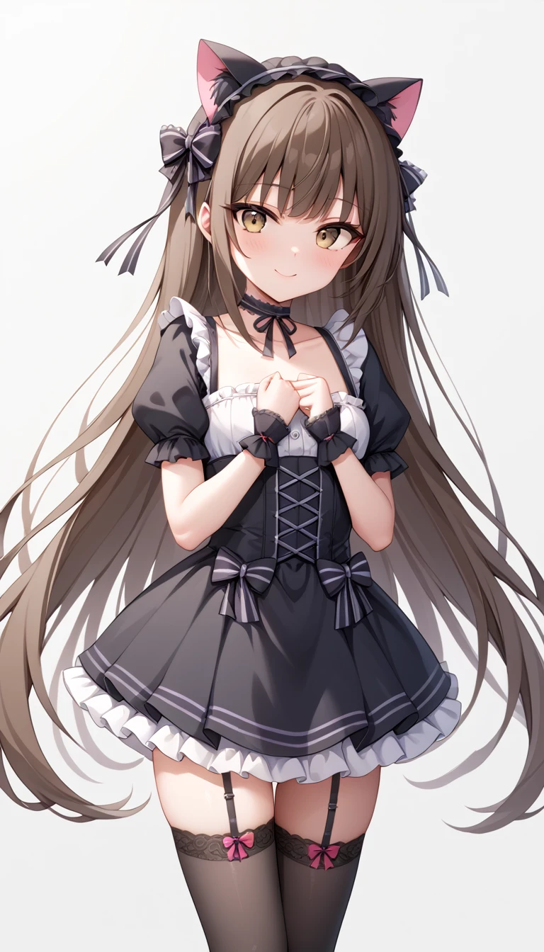 very young slim fit girl, at full height, rounded face, very long disheveled dark brown hair, big brown eyes, shy smile, perfect flat breast, band on head with fake cat ears, gothic lolita, parororo, puffy sleeves, short sleeves, choker, frills, bows, ribbons, close microdress, very short dress