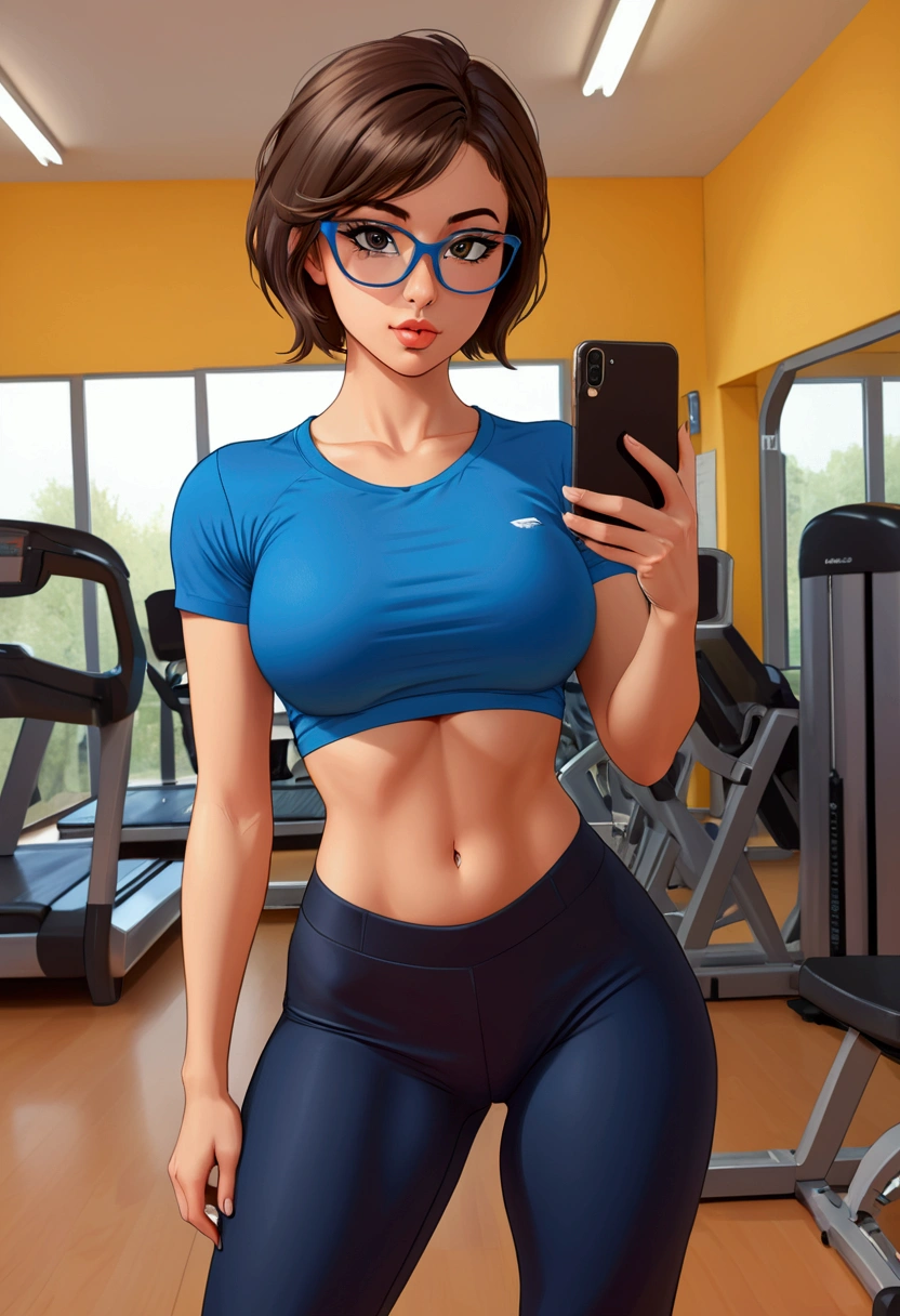 20 years old woman, Short brown hair, Mediterranean with blue eyes, Generous and heavy breasts, slender waist, estomac defini, fesses rebondies et pulpeuses, naturally curved, muscular thighs, aguicheuse, in the gym, tee shirt court, legging, regard sexy, lunettes, Selfie, bites his lips, debout