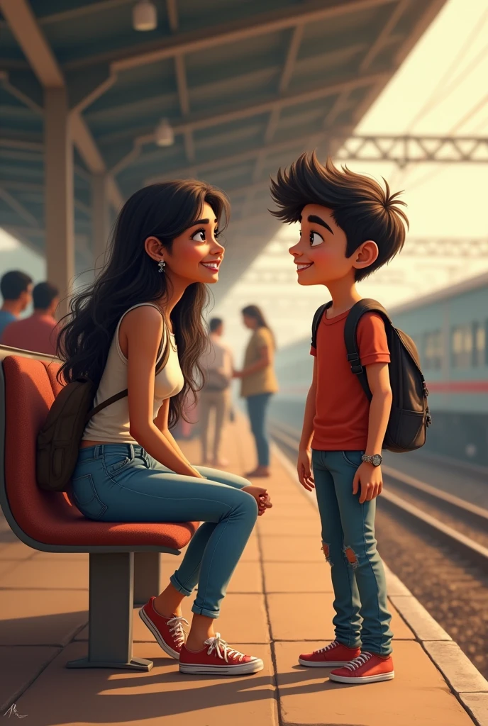 Beautiful indian girl wearing jeans and top open hair siting and waiting for her train with her boy best friend both are Laughing