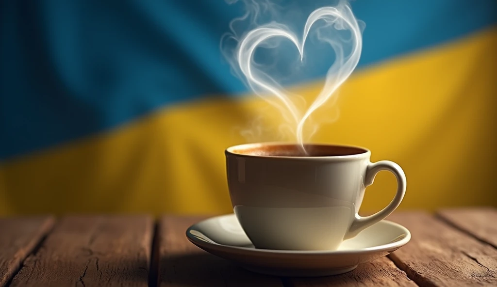 A cup of coffee with smoke emitting in the shape of a heart against the background of the Ukrainian flag