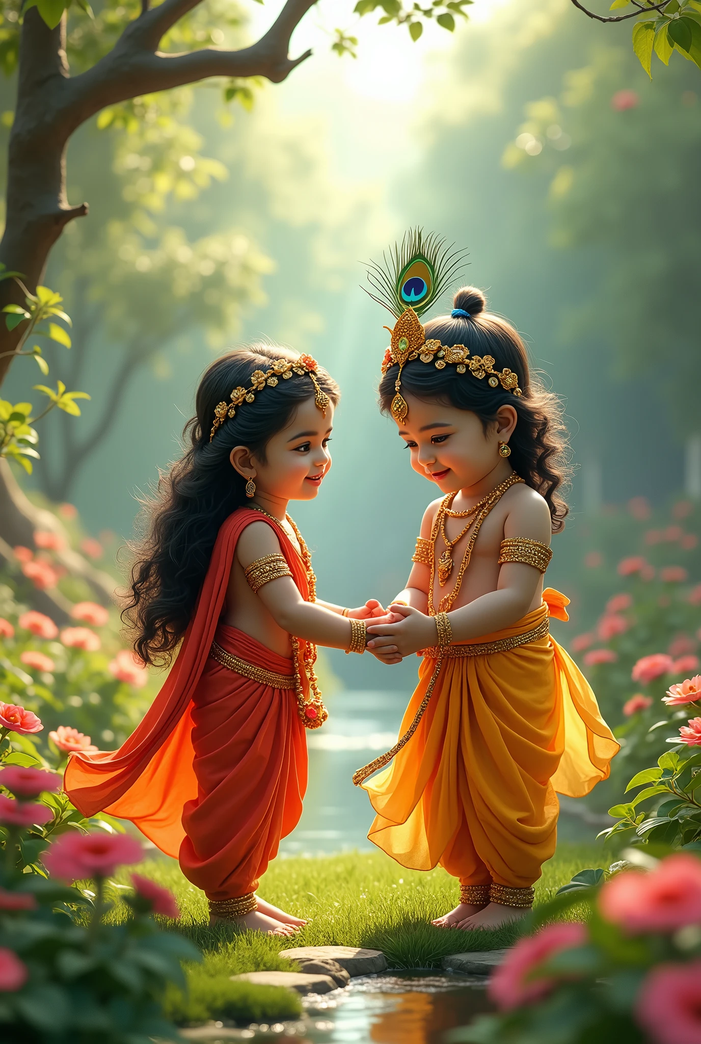 Goddess Radha and Lord Krishna as childs playing in the garden , Indian God, 8K render, facing towards the viewers