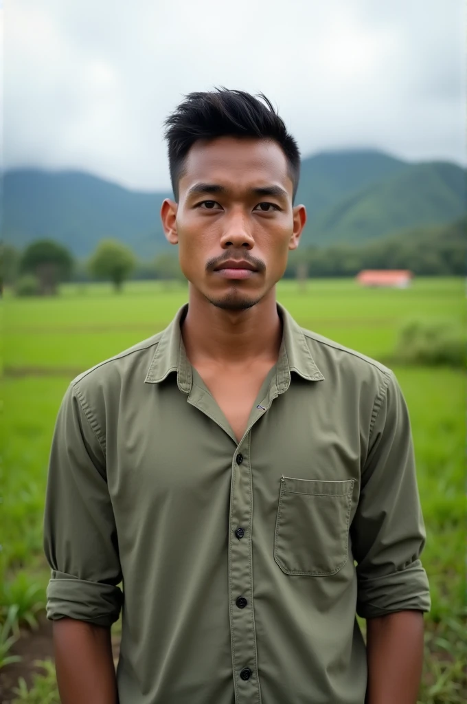 Generates an image of a young Colombian man with neutral facial expression and closed mouth in the countryside, The person should be standing straight, facing the camera and your upper body should be visible, The lighting must be balanced without shadows or overexposed areas.