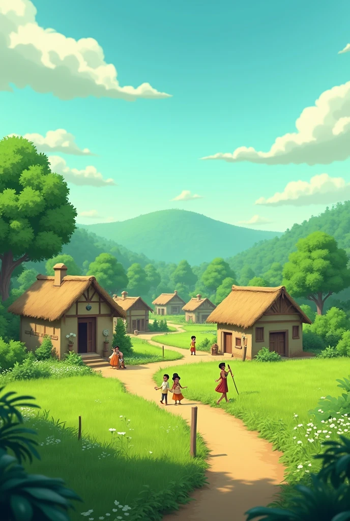 Cinematic 3d cartoon image "An anime-style medium shot of a peaceful, rural Indian village. There are simple houses with thatched roofs and lush green fields. In the background, there's a dense forest. The sky is clear with a few clouds. The overall image has a warm hue.