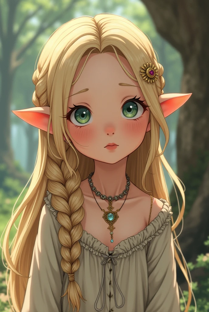  elf girl anime, with long blonde hair, with a braid on the side, with a rose quartz necklace that wraps it in gold, with big clothes, old and dirty
