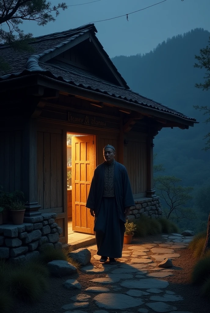 A bhuanese man entering a house at night