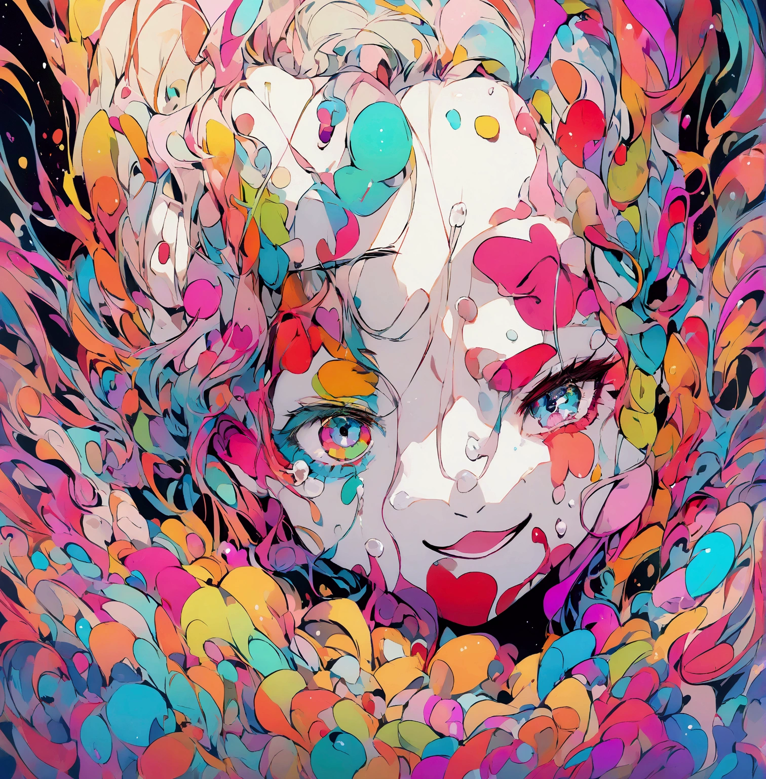 smiling clown with tear in one eye
