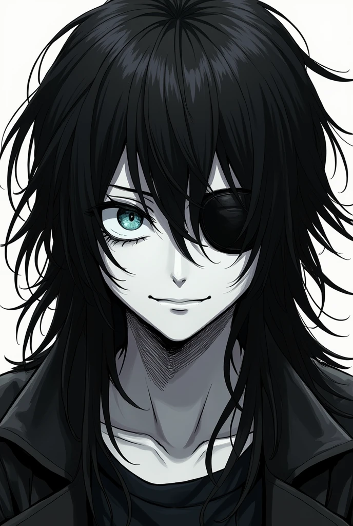 (black and white manga, Inspired by jujutsu kaisen) A boy, very white skin, Blue-eyed, long black fur, adolescent, high, an eye patch, smiling shyly, something masculine