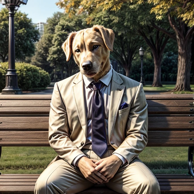 Yellow Labrador wearing a suit and tie sitting on a park bench with his head down 