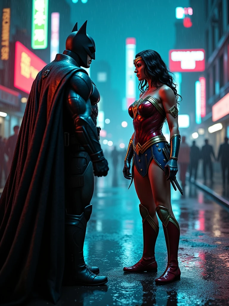 a cinematic full body shot of Wonder woman in a red and blue superhero suit, a Batman in a dark superhero suit, an epic fight in a rainy Gotham City at night, raindrops, puddles of water, high-detailed hero outfits, wet hair and skin, 4k, 16:9 aspect ratio, hyper-realistic, masterpiece, cinematic lighting, dramatic action, dramatic weather, fighting, dramatic effects, neon city lights, heavy rain, dark and moody color palette, volumetric lighting, intricate details, photorealistic, landscape image