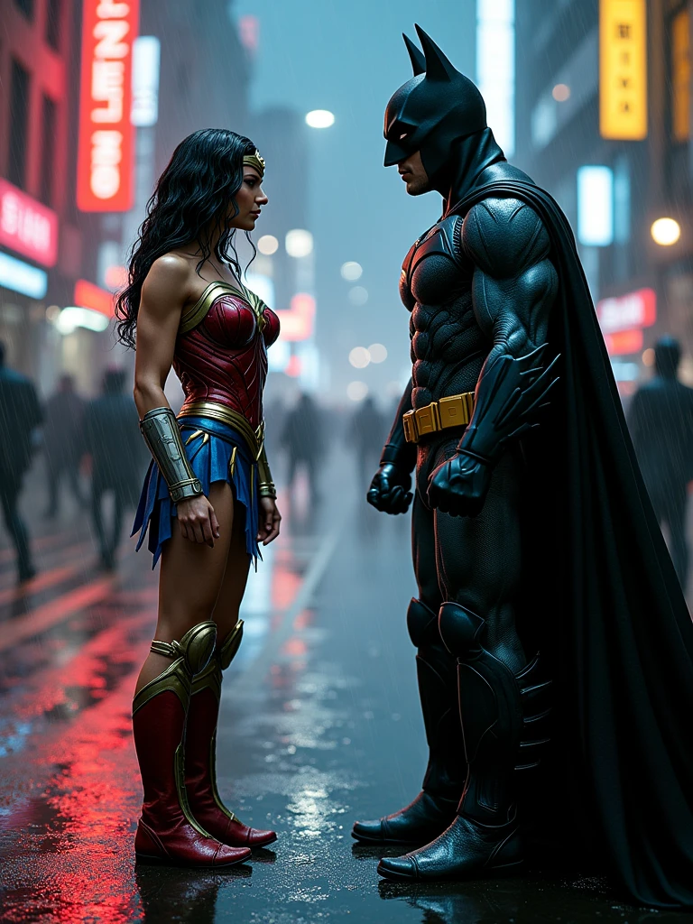 a cinematic full body shot of Wonder woman in a red and blue superhero suit, a Batman in a dark superhero suit, an epic fight in a rainy Gotham City at night, raindrops, puddles of water, high-detailed hero outfits, wet hair and skin, 4k, 16:9 aspect ratio, hyper-realistic, masterpiece, cinematic lighting, dramatic action, dramatic weather, fighting, dramatic effects, neon city lights, heavy rain, dark and moody color palette, volumetric lighting, intricate details, photorealistic, landscape image