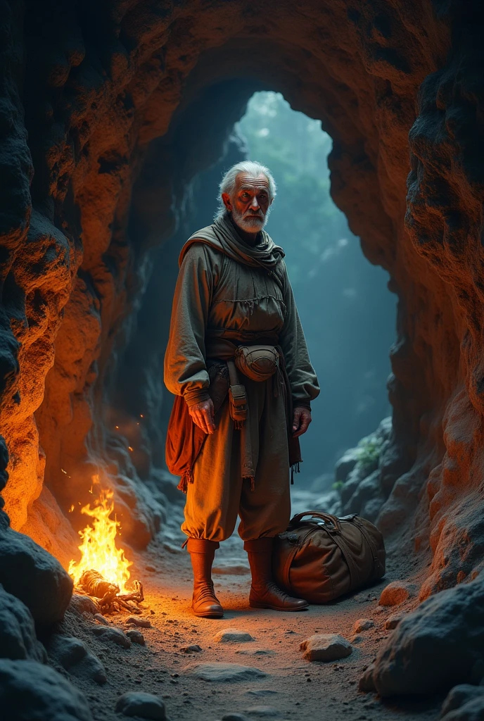 A Man Stand In A Cave With his old bag and a bonfire looking straight 