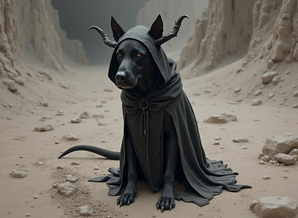there is a black dog sitting on the ground with horns on it, with black horns instead of ears, black horns, black dog, horned, ultra realistic picture, wearing a hood with pointy ears, devil, a horned, with horns, portrait big dark dog, black ears, two pointed ears, with pointy ears, long pointy ears