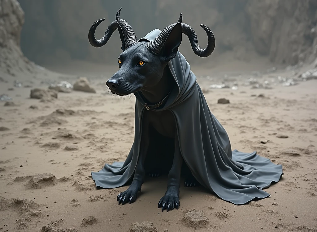 there is a black dog sitting on the ground with horns on it, with black horns instead of ears, black horns, black dog, horned, ultra realistic picture, wearing a hood with pointy ears, devil, a horned, with horns, portrait big dark dog, black ears, two pointed ears, with pointy ears, long pointy ears
