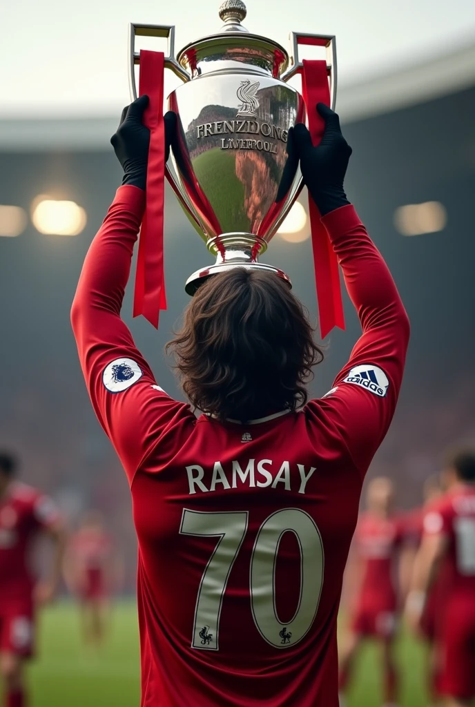 Liverpool player called Ramsay who wears number 70, long sleeves, black gloves and wavy hair lifting the premier league seen from behind 