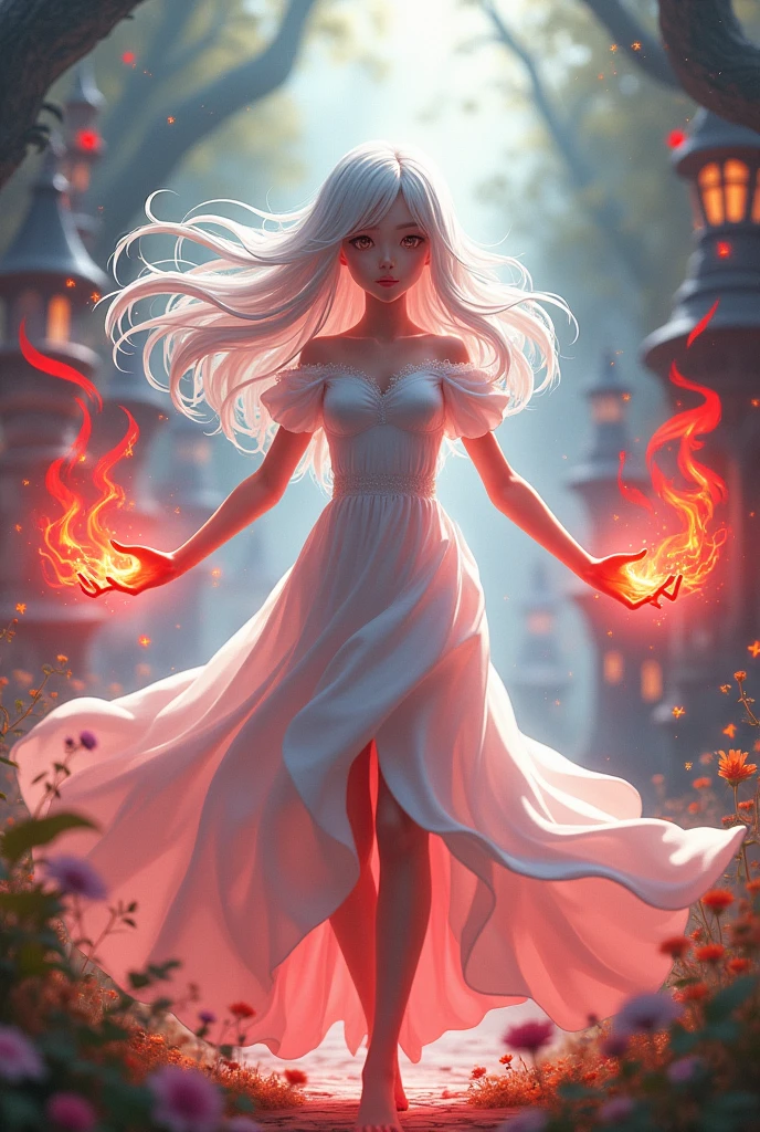 Create an anime with platinum hair with a white dress and in the style of Alice in Wonderland with red fire in her hands in a battle pose