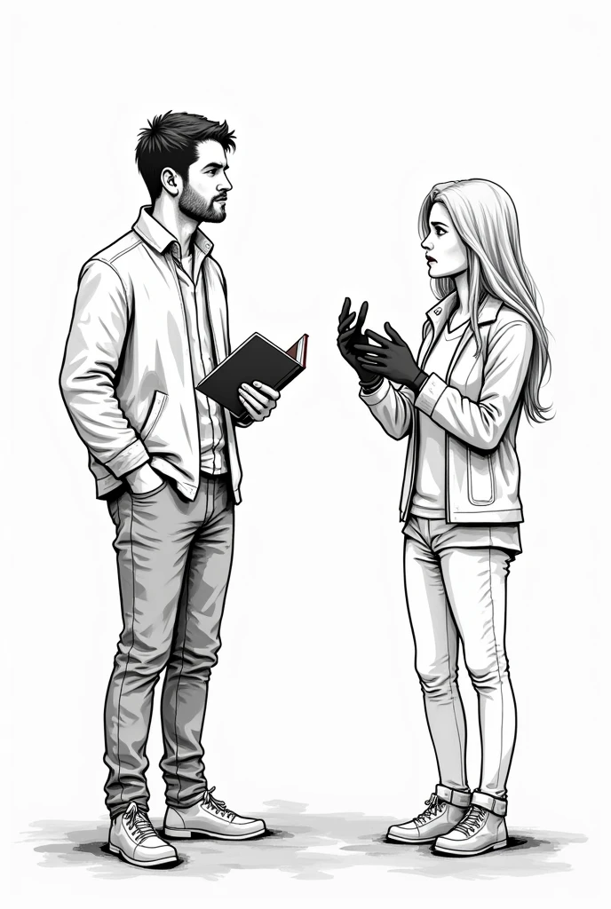 Create a lineart illustration Scenario:Conrad Talking About Self-Sabotage: Capture the dialogue between Marine and Conrad. Conrad could be shown holding a book, with a serious and contemplative expression as he talks about self-sabotage. Marine, on the other hand, could be staring at Conrad's black gloves, absorbing every word, with an expression of pain and reflection.