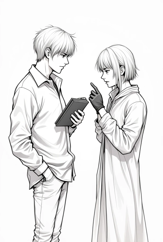 Create a lineart illustration Scenario:Conrad Talking About Self-Sabotage: Capture the dialogue between Marine and Conrad. Conrad could be shown holding a book, with a serious and contemplative expression as he talks about self-sabotage. Marine, on the other hand, could be staring at Conrad's black gloves, absorbing every word, with an expression of pain and reflection.