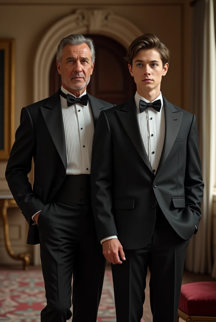 50-year-old man, dressed as a butler, his teenage son at his side