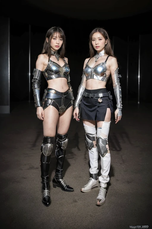 highest quality，ridiculous，Dramatic，2 Araf ladies in futuristic battle suits，2 female warriors，Very detailed details of the face，Real skin texture，HD Skin，Standing in a square filled with futuristic mechanical items, Still image of 007, Pageant rendering, Mechanical Elf, Luxury, Shoulders visible, Network mode, Still frame from movie - ar 16:9 