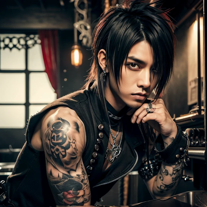 1 man, male, Japanese man, Visual Kai hairstyle, ultra detailed face and body, hyperrealistic, realistic representation, muscular, broad shoulders, tattoos gothic style, piercings, Visual Kei style, hairstyle Visual Kei, blond, long hair, 40 years old, age 40, outfit gothic streampunk, men's shirt and black pants, Asian eyes, eyes Asian, Visual Kei hairstyle 