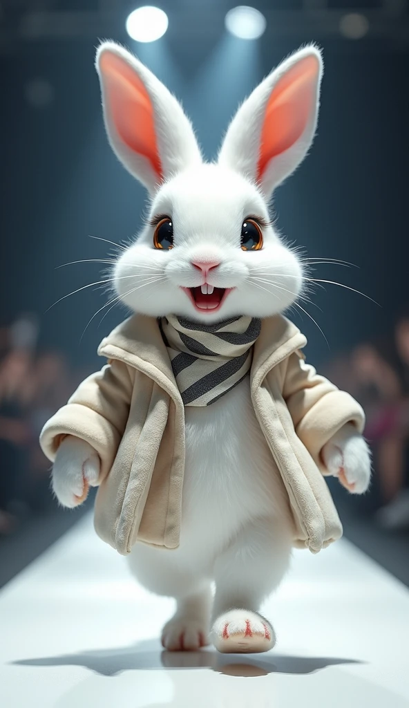 A cute little white rabbit,Smiling,Very confident wearing fashionable style showing on the catwalk,The background is the catwalk. HD camera captures scene images.