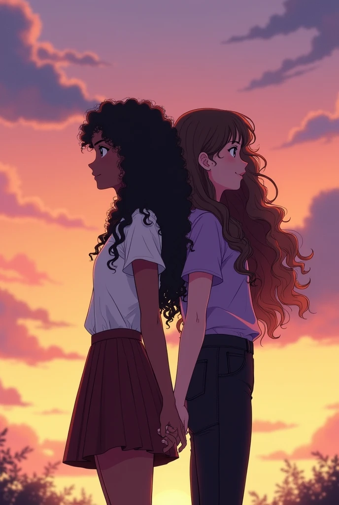 Two teenage girls standing back to back with their shoulders touching and holding hands, and with your back to see the view of the sky at dusk, which was in gradient from pink to orange and yellow, with clouds that looked purple,one of the 2 girls is black and has long curly hair and was wearing a short dark brown flared skirt, with a white blouse while the other is white with very long brown hair, and a little curly and wore black pants with a short lilac blouse