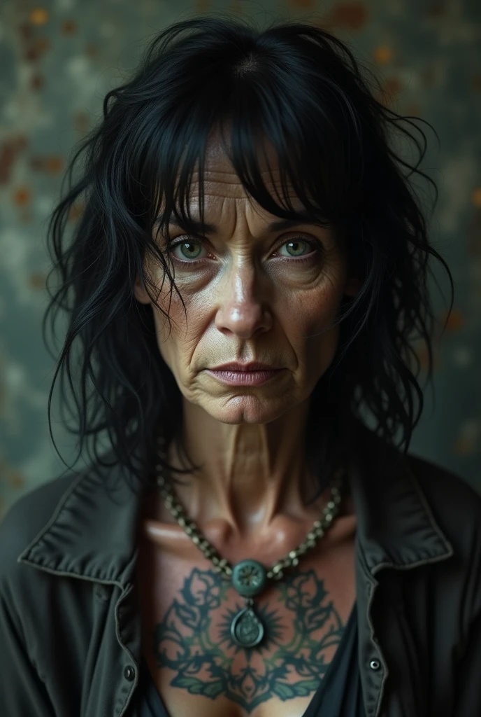 dirty background, 60years old women, smoker, black hair, white skin, tatoo, selfish and cruel