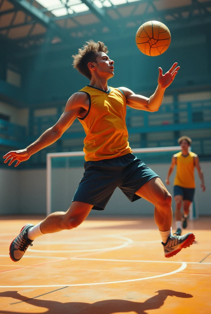 A person playing handball doing a jump pass