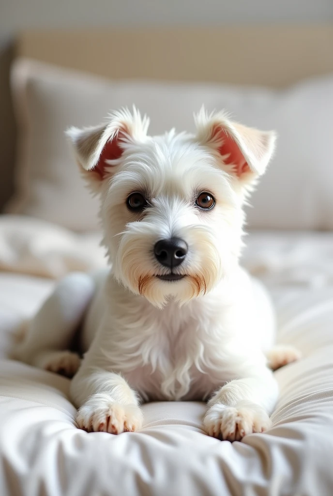 image where a white terrier (dog) He is lying on a bed with his front paws in front, que salga el dog completo, that serves as a model for a logo for a toilet paper brand

