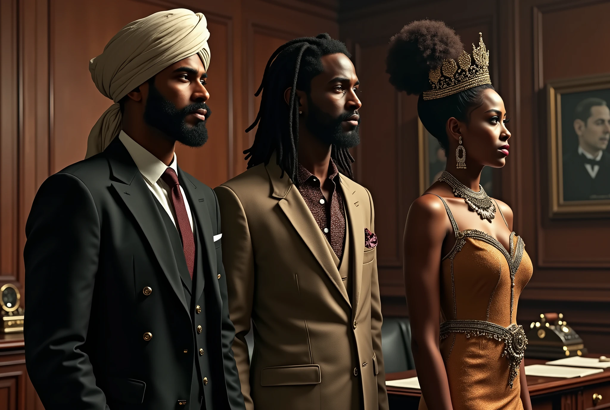 one muslim man with a turban and a jamaican man and an african queen standing side by side
and looking to the right out of the frame at an office in style of the godfather movies,
