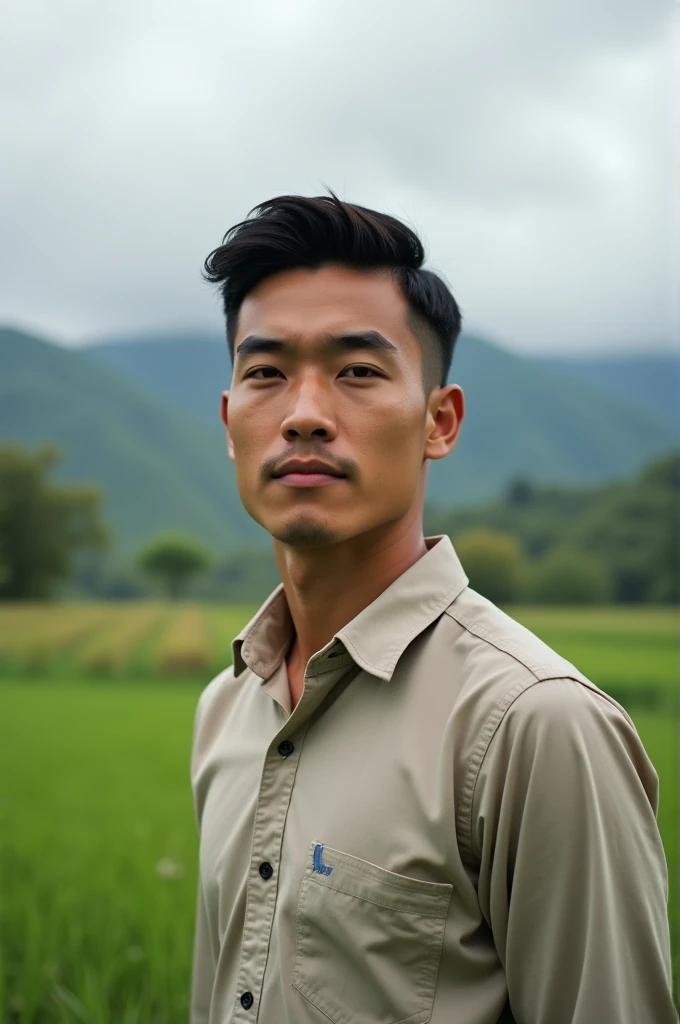 Generates an image of a young Colombian man with neutral facial expression and closed mouth in the countryside, The person should be standing straight, facing the camera and your upper body should be visible, The lighting must be balanced without shadows or overexposed areas.