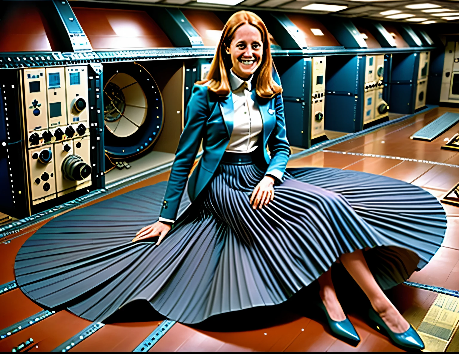 85mm photograph of a Shy, demure, smiling, Compassionate, kind, empathic, long haired, beautiful and attractive woman, Sapphic Space Lesbian Sarah Ferguson is smoothing her skirt, fixing spaceships, exploring space, investigating anomalies, doing scientific R&D, attending council meetings, conducting espionage, conducting archeological excavations, investigating astral rifts, wearing her (long pleated full circle skirt), uniform jacket and (woman's low heel office shoes), (pronounced (feminine) features), (very windy), skirt is flowing wildly in the wind, lesbian space station, sci-fi, skirts in space, loves women wearing skirts, wants to kiss girls, adores skirts, women wearing skirts, empathy, compassion, romance and love, (pronounced (girly) features), (highly detailed ultra accurate realistic) hands and fingers, (windy), epic composition, highly detailed attributes, (35mm f1.4 Kodak portra 400 photograph), extremely high quality RAW photograph, highly detailed atmosphere, sci-fi, cinematic shot, dynamic lighting, 75mm, Technicolor, Panavision, cinemascope, sharp focus, fine details, 8k, HDR, realism, realistic, key visual, film still, superb cinematic color grading, depth of field 