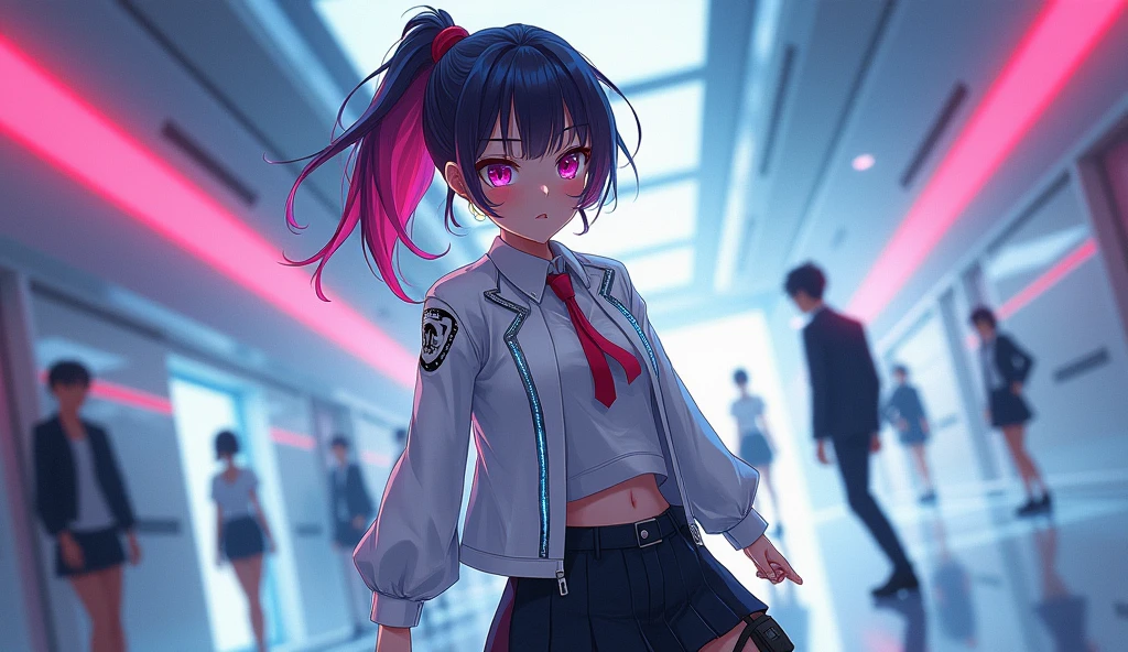 anime, teen girl, futurist, uniforme escolar futurist, defiant attitude