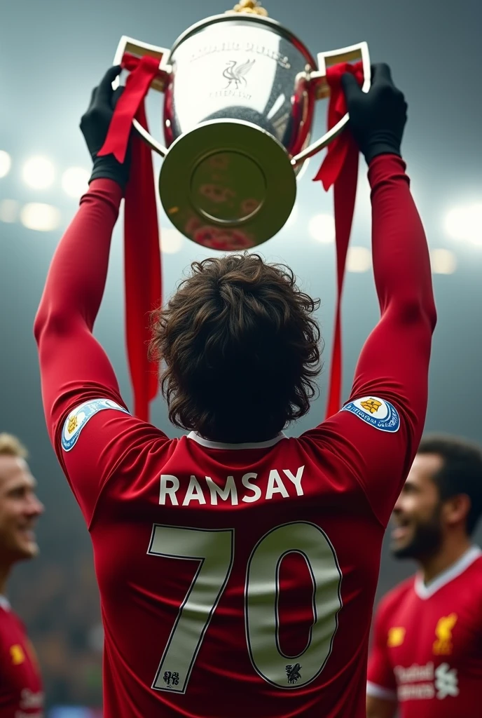 Liverpool player called Ramsay who wears number 70, long sleeves, black gloves and wavy hair lifting the premier league seen from behind