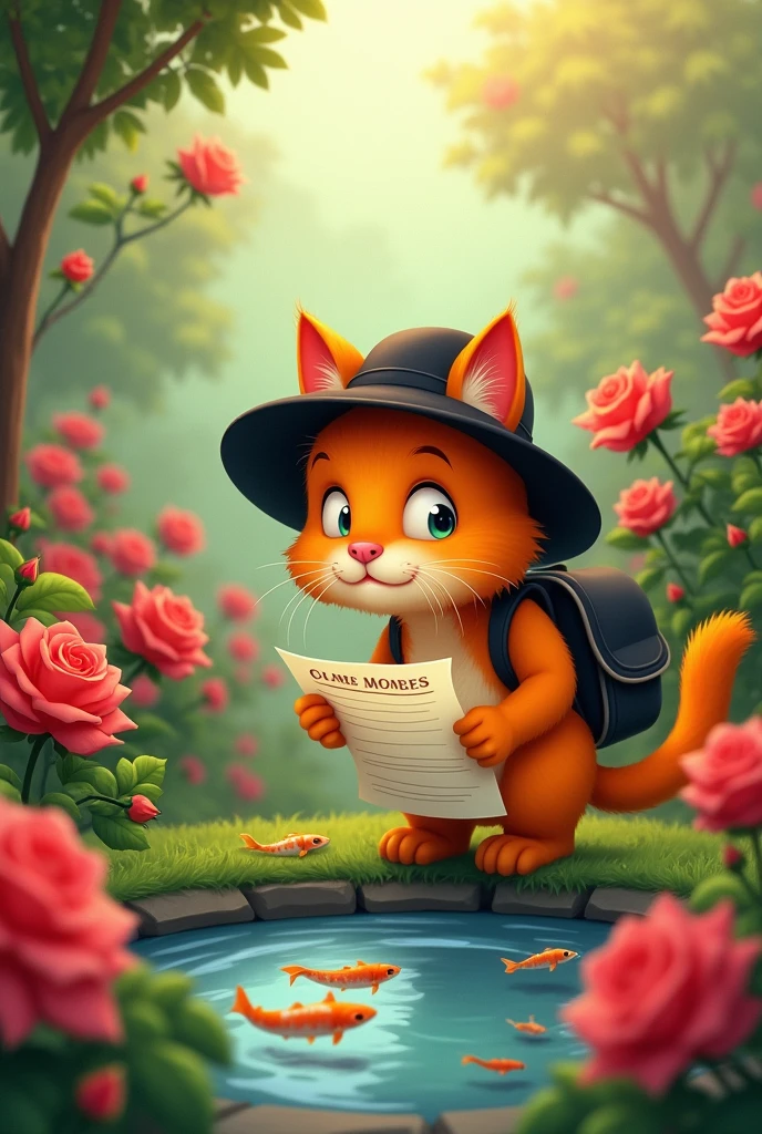 imagine /a wishker orange cat with black hat and back pack  to a fish pond with clue paper in a garden cluster full roses for  kids cartoon  generate
