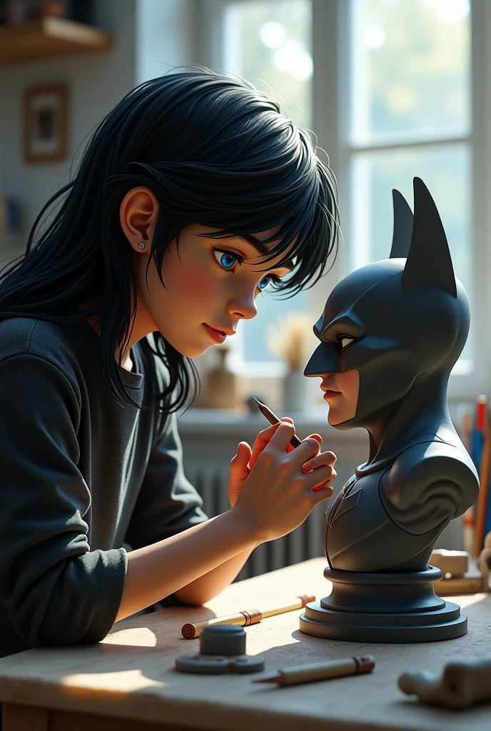 ((BOY WITH LONG BLACK HAIR,  blue colored eyes, SCULPTING A BATMAN BUST, WITH STAKES IN HAND, sculptor))