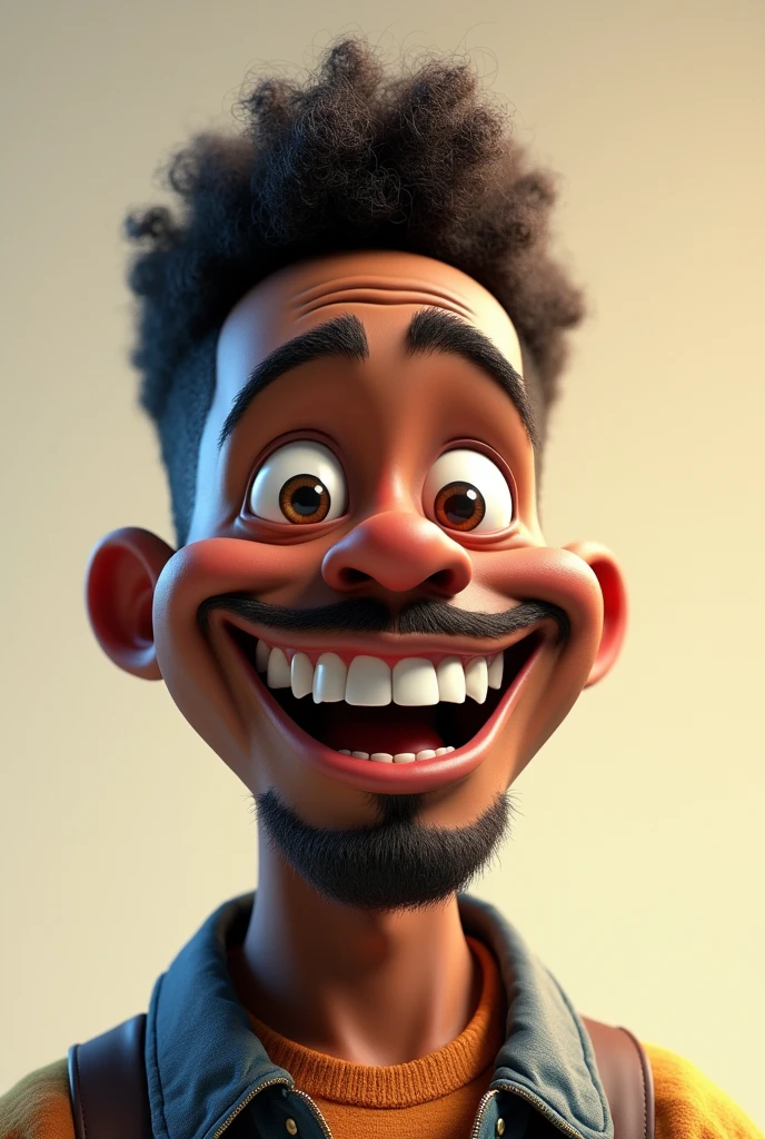 I want a black comedian with a funny facial expression that makes anyone laugh just by looking at his slightly large mouth in 3D style with very high quality. 