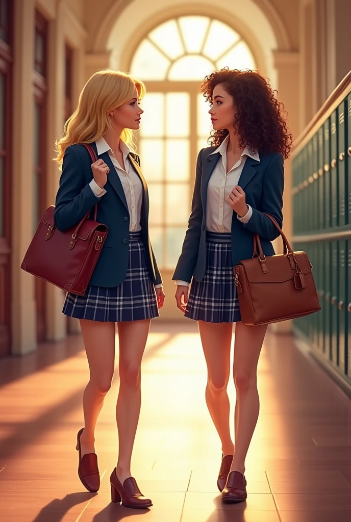 Two friends in the school hallway, one with wavy blonde hair and the other with curly brown hair, both with luxury bags and school uniform