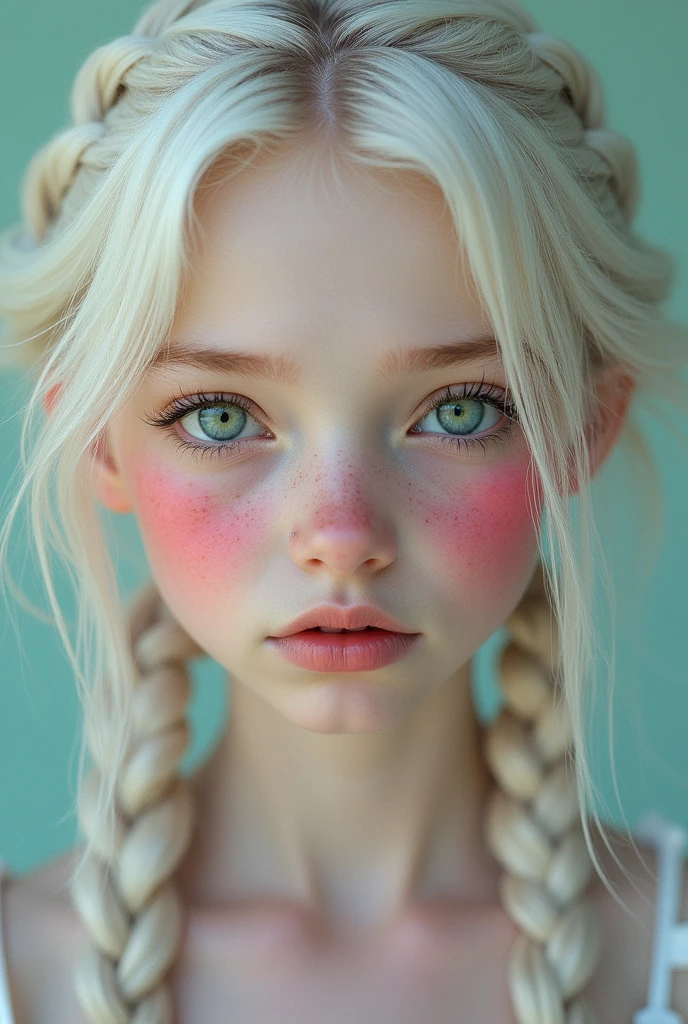 photo of a girl with braided white hair with a pink streak and freckles, pale skin and green eyes