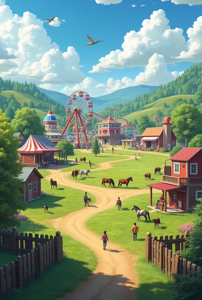 Farm style town, with spaces for cattle and horses doing horse riding.
A colorful American fairground style park with games and roller coaster, Ferris wheel among others Beautiful landscape