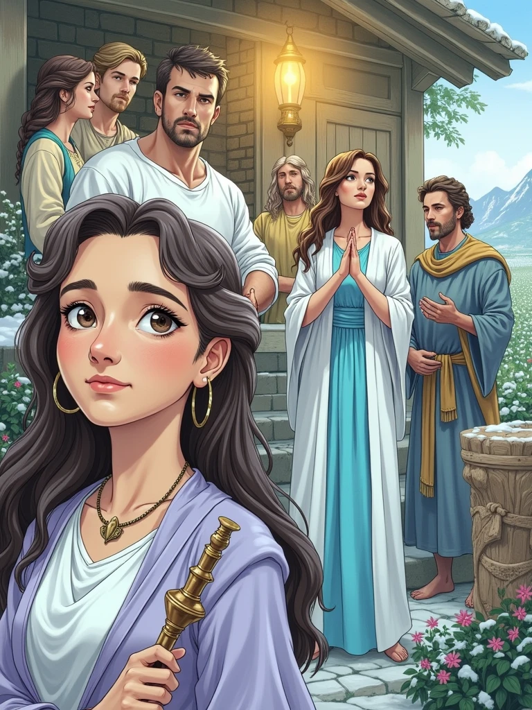 An exemplary woman, with a dignified and confident posture, surrounded by an atmosphere of serenity and respect. it is centered in the scene, dressed in fine linen and purple, symbolizing their strength and dignity. His hands hold a spindle, representing your hard work, and around her, there is a bright lamp that never goes out, highlighting his vigilance and dedication to his family.
Ao fundo, we see a well organized house, where her children rise up to praise her. the husband, sitting among the city authorities, is shown looking at her with pride. On the right, the field she bought and planted a vineyard in stretches, demonstrating your wisdom and business skills.
People in need are close by, receiving help from the exemplary woman, who extends his hands to them with kindness. The expressions of gratitude on the faces of the poor highlight their generosity. The scenery also includes snowy landscapes, where all members of your family are dressed appropriately, indicating its careful preparation.
The scene is surrounded by an aura of calm and tranquility, symbolizing the peace she brings to her family and community. The surrounding natural environment, With shady trees and flowers, reinforces the feeling of abundant life and prosperity.