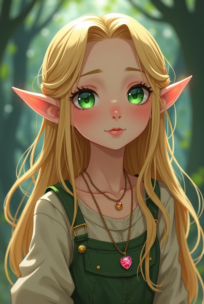 little elf girl anime, with long blonde hair, with a braid on the side, with green eyes with a rose quartz necklace that wraps it in gold, with big clothes, old and dirty