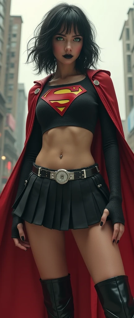 A FULL BODY VIEW OF A SEXY BUSTY TEEN FEMALE WITH DREAMY GREEN EYES AND MEDIUM MESSY BLACK HAIR WEARING A SLEEK BLACK SPANDEX LONG-SLEEVED SUPERGIRL CROP=TOP WITH A METALIC SILVER "S" EMBLEM ON THE CHEST, A SHORT BLACK PLEATED SKIRT WITH A SILVER LEATHER BELT, BLACK HIGH HEELED SUPERGIRL BOOTS, AND A LONG RED AND BLACK SUPERGIRL CAPE,. NOSE PIERCING, BELLY PIERCING, BLACK LIPSTICK, BLACK FINGERNAILS, INCREDIBLY DETAILED PALE WHITE SKIN, INCREDIBLEY DETAILED FACE, INCREDIDBLEY DETAILED CLOTHING, TEXTURED SKIN PORES, TEXTURED HAIR, 8K ABSURD RESOLUTION, MASTERPIECE. PHOTO REALSITIC, HYPER REALISTIC. CHAOTIC BACKGROUND. 16K RESOLUTION. PREFESSIONAL GRADE IMAGE.