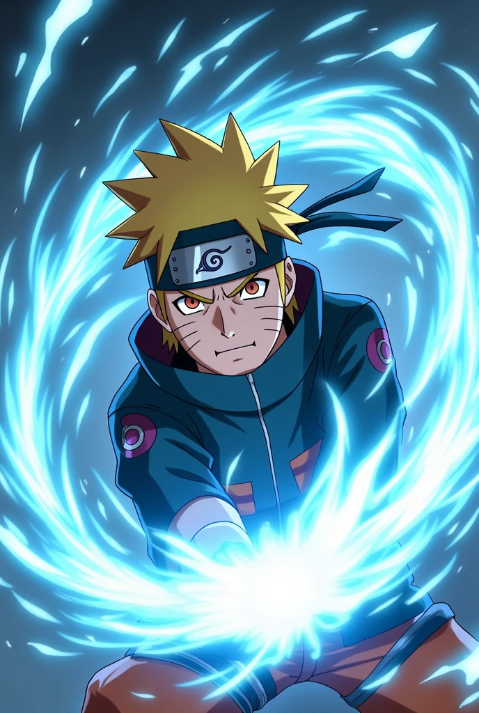 Design a high-energy close-up anime scene of Naruto Uzumaki in his iconic Sage of the Six Paths mode, unleashing a Rasengan. Focus on Naruto’s fierce, determined expression as he channels the massive, swirling Rasengan, which glows with vibrant blue and white energy. Capture the dynamic movement of the Rasengan with intense energy bursts and a luminous aura surrounding it. The background should feature a dramatic blur of swirling wind and energy to accentuate the power of the attack. Include a captivating caption like “Naruto’s Ultimate Rasengan: Power of the Sage Unleashed!” in bold, electrifying text at the bottom to emphasize the dramatic intensity of the moment.