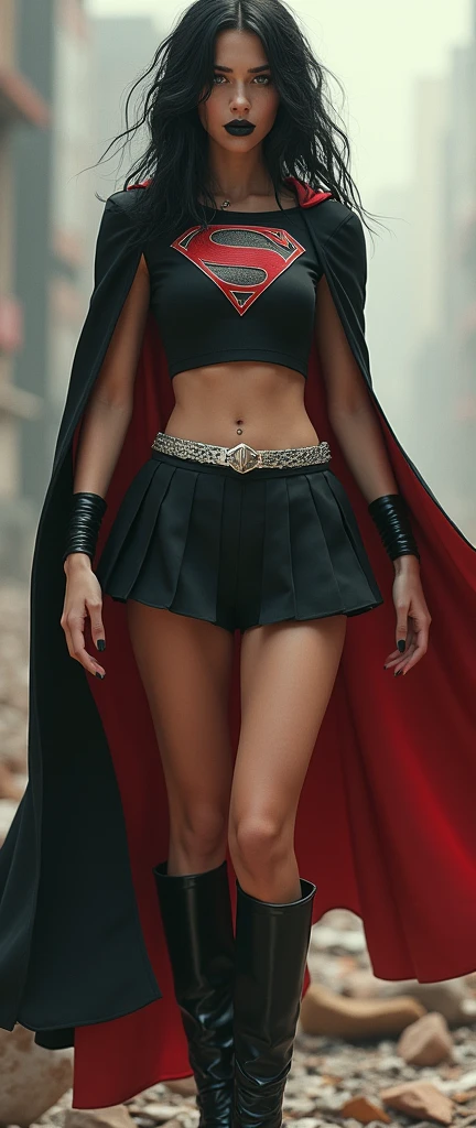 A FULL BODY VIEW OF A SEXY BUSTY TEEN FEMALE WITH DREAMY GREEN EYES AND MEDIUM MESSY BLACK HAIR WEARING A SLEEK BLACK SPANDEX LONG-SLEEVED SUPERGIRL CROP=TOP WITH A METALIC SILVER "S" EMBLEM ON THE CHEST, A SHORT BLACK PLEATED SKIRT WITH A SILVER BELT, BLACK HIGH HEELED SUPERGIRL BOOTS, AND A LONG 2 TONE BLACK AND RED SUPERGIRL CAPE WITH SILVER TRIM. INCREDIBLY DETAILED SKIN, INCREDIBLEY DETAILED FACE, INCREDIDBLEY DETAILED CLOTHING, TEXTURED SKIN PORES, TEXTURED HAIR, 8K ABSURD RESOLUTION, MASTERPIECE. PHOTO REALSITIC, HYPER REALISTIC. CHAOTIC BACKGROUND.