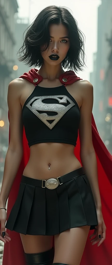 A FULL BODY VIEW OF A SEXY BUSTY TEEN FEMALE WITH DREAMY GREEN EYES AND MEDIUM MESSY BLACK HAIR WEARING A SLEEK BLACK SPANDEX LONG-SLEEVED SUPERGIRL CROP=TOP WITH A METALIC SILVER "S" EMBLEM ON THE CHEST, A SHORT BLACK PLEATED SKIRT WITH A SILVER LEATHER BELT, BLACK HIGH HEELED SUPERGIRL BOOTS, AND A LONG RED AND BLACK SUPERGIRL CAPE,. NOSE PIERCING, BELLY PIERCING, BLACK LIPSTICK, BLACK FINGERNAILS, INCREDIBLY DETAILED PALE WHITE SKIN, INCREDIBLEY DETAILED FACE, INCREDIDBLEY DETAILED CLOTHING, TEXTURED SKIN PORES, TEXTURED HAIR, 8K ABSURD RESOLUTION, MASTERPIECE. PHOTO REALSITIC, HYPER REALISTIC. CHAOTIC BACKGROUND. 16K RESOLUTION. PREFESSIONAL GRADE IMAGE.